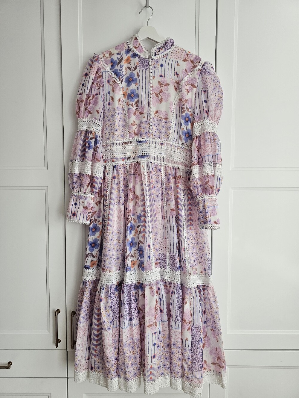 Dalia MacPhee Purple-Pink Floral Lace-Trim Midi Dress Size Large NWT $195